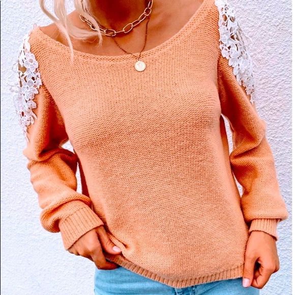 NWT! SCOOP NECK CONTRAST LACE CUT OUT SLEEVE DETAIL SWEATER IN LIGHT ORANGE 🍊! - Picture 12 of 13